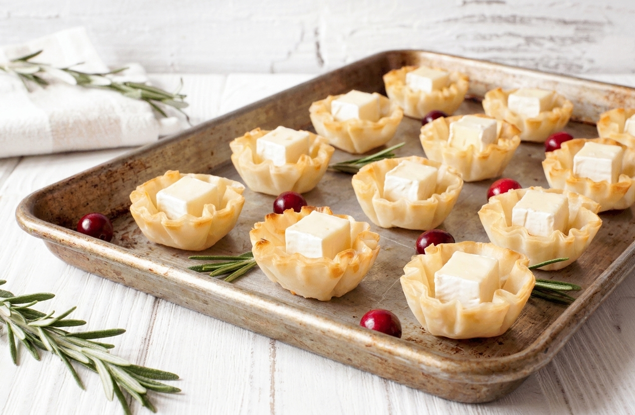 Mini phyllo shells on a sheet pan, each filled with a small cube of brie, ready to bake