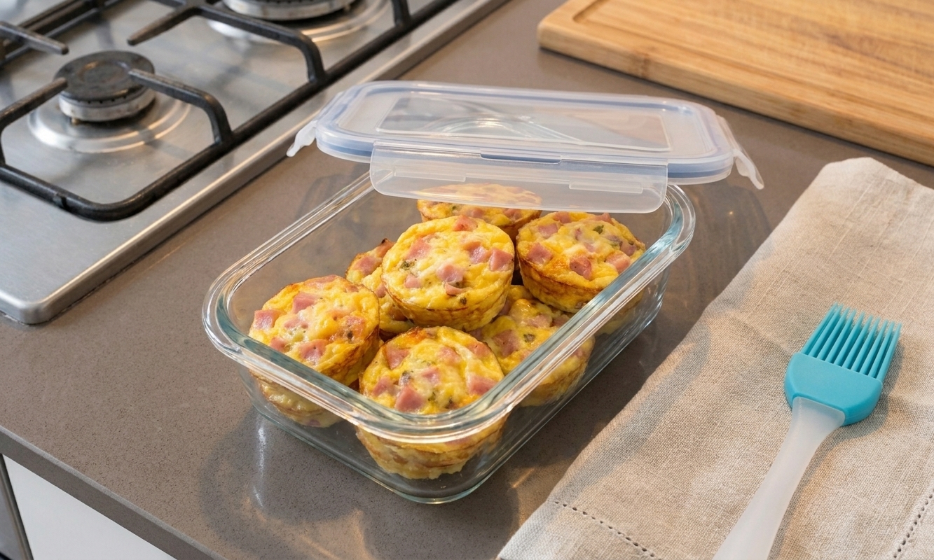 Mini quiches stacked in a glass meal prep container with a snap-on lid on a kitchen counter, ready for the fridge