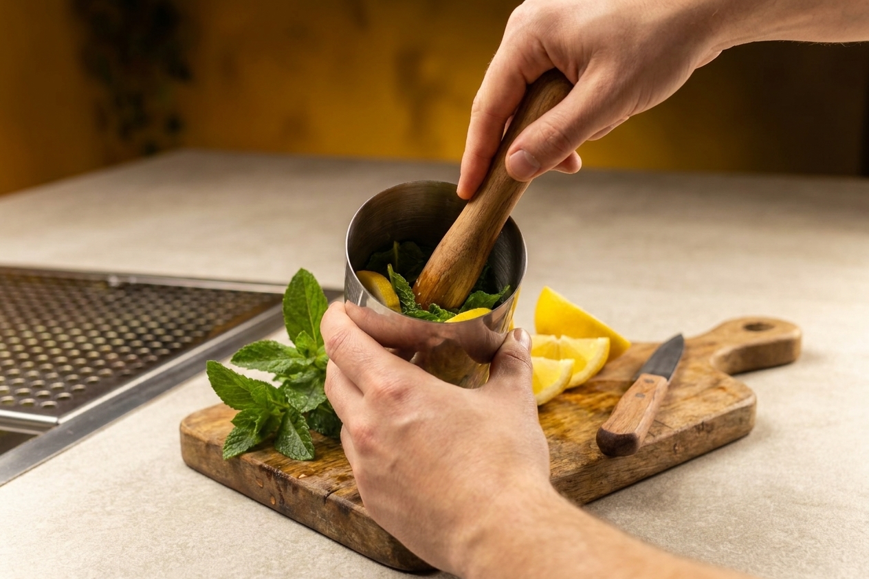 Mint leaves being gently muddled with lemon in a metal cocktail shaker on a kitchen counter