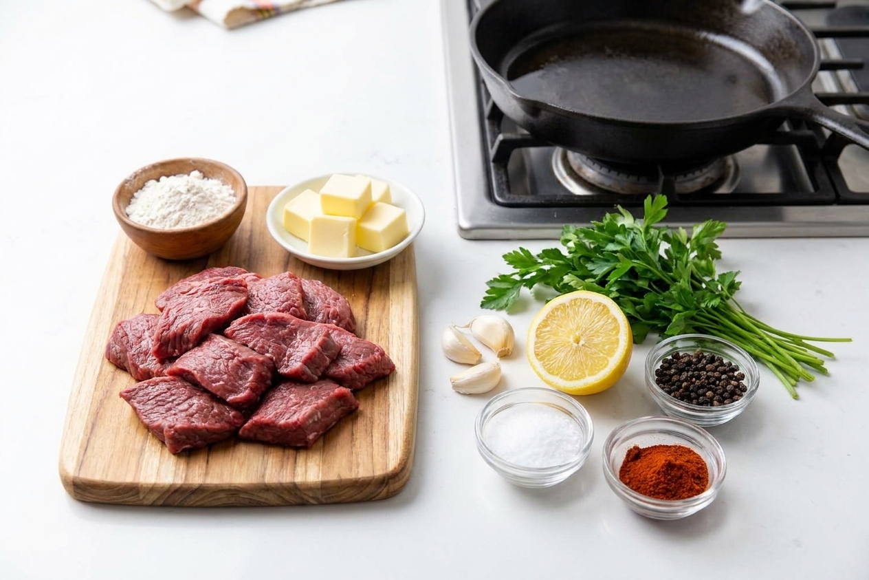 Minute steak, butter, garlic, lemon, parsley, salt, pepper, paprika, and flour arranged on a bright kitchen counter with a cast iron skillet in the background