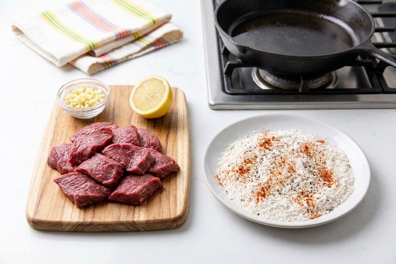 Minute steak pieces next to a shallow plate of seasoned flour on a kitchen counter with a small bowl of minced garlic and a lemon half