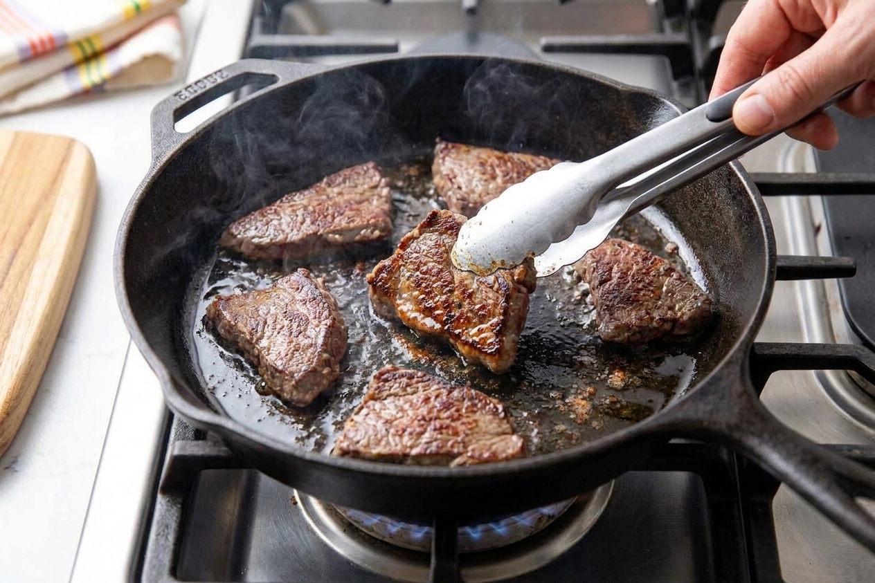 Minute steaks searing in a cast iron skillet with browned edges forming as tongs flip one piece