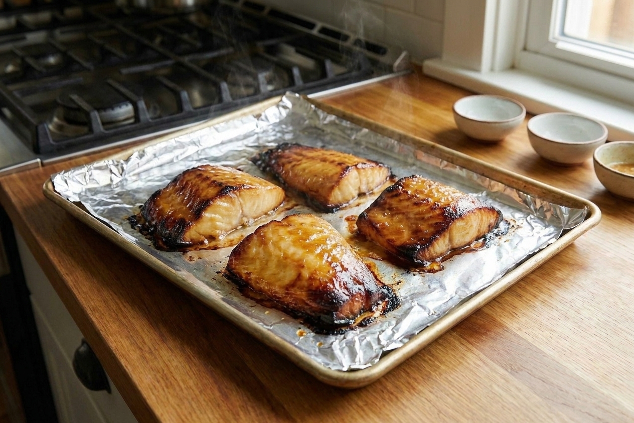 Miso black cod fillets on a foil-lined sheet pan just out of the oven, tops caramelized and glossy with browned edges