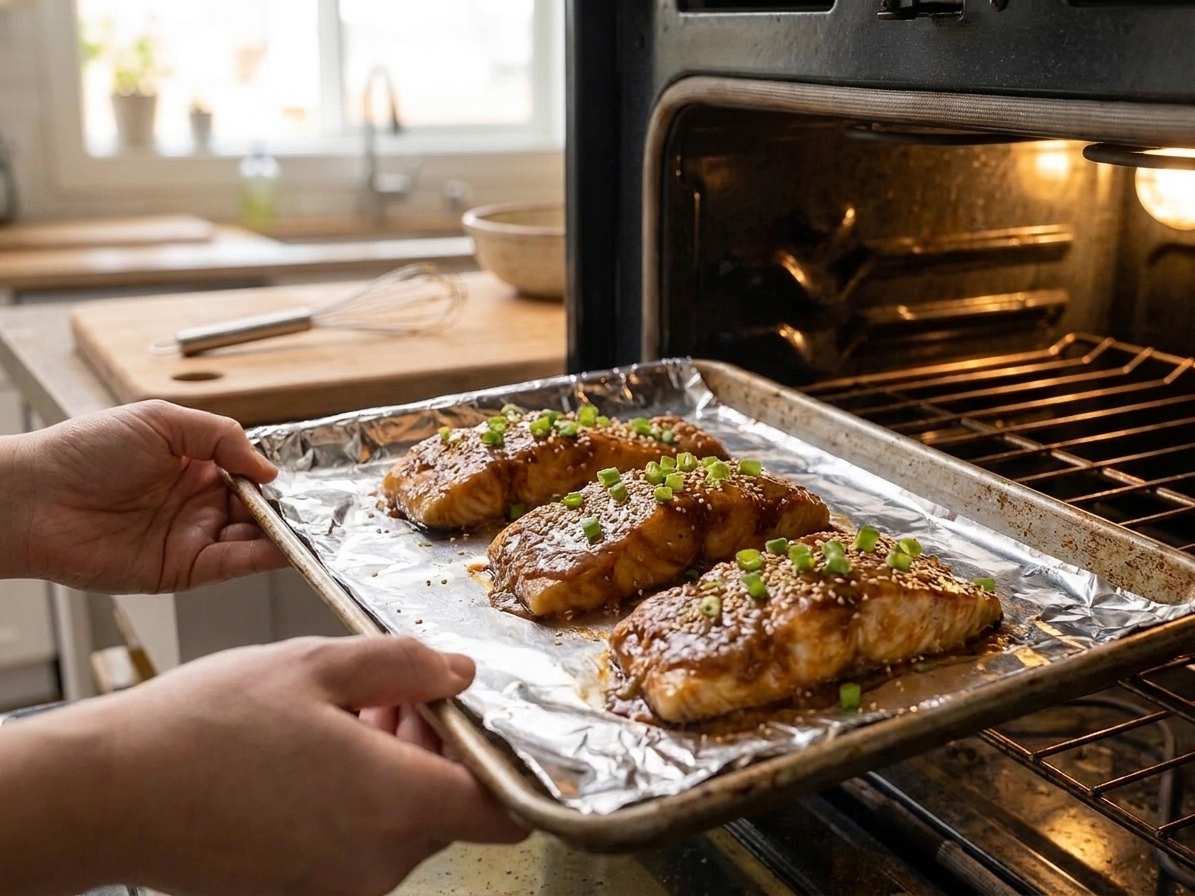 Miso-glazed sablefish fillets arranged on a foil-lined baking sheet, ready to go under the broiler in a home kitchen