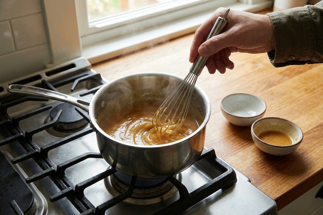 Miso, mirin, and sake being whisked in a small saucepan on a stovetop until smooth and glossy