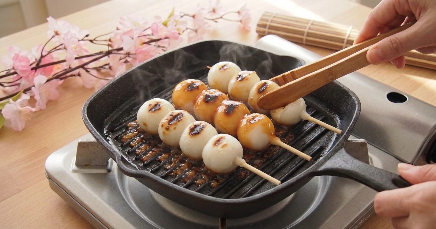 Mitarashi dango skewers lightly searing on a grill pan on a stovetop