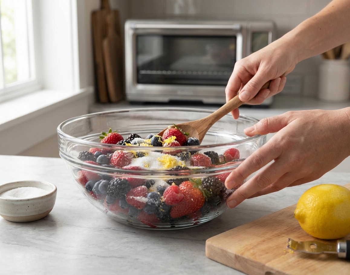 Mixed berries being tossed with sugar and lemon in a large glass bowl on a kitchen counter