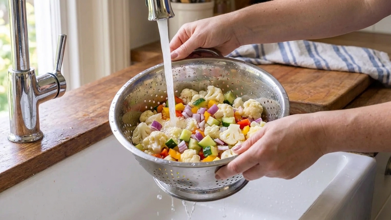 Mixed chopped vegetables being rinsed under running water in a colander in a kitchen sink