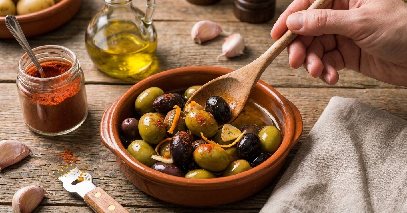 Mixed olives marinating with olive oil, citrus zest, garlic, and paprika in a small bowl