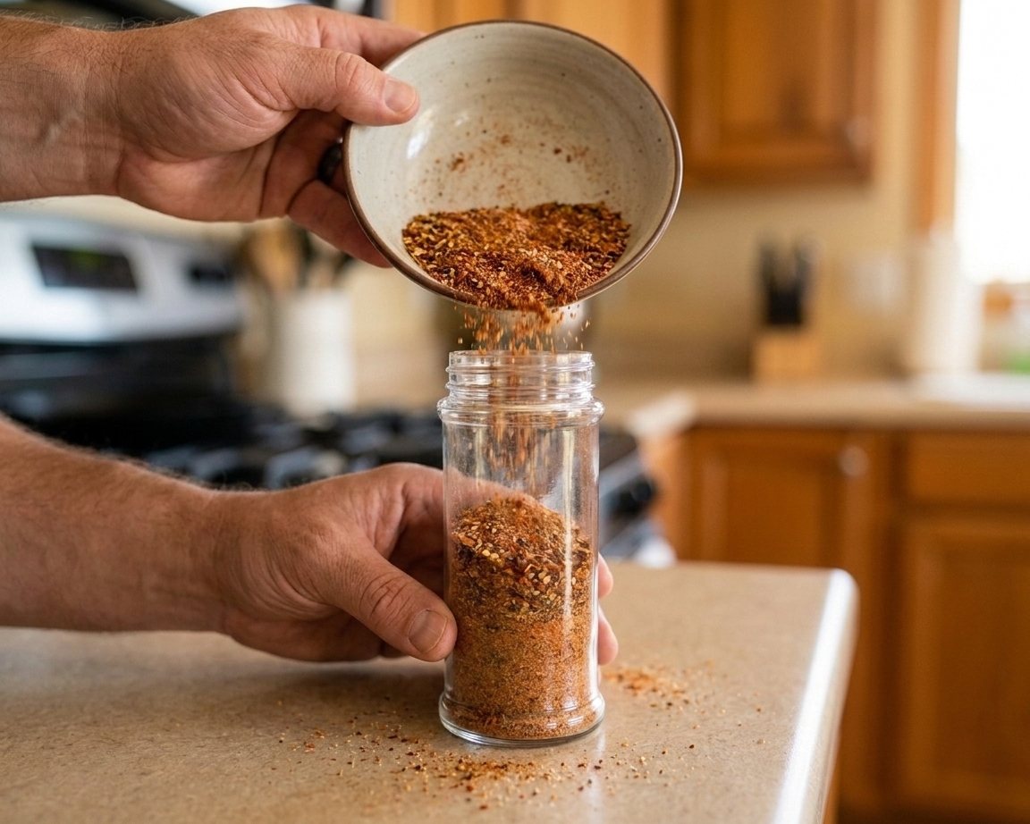 Mixed seasoning blend being poured from a bowl into a small glass jar on a kitchen counter