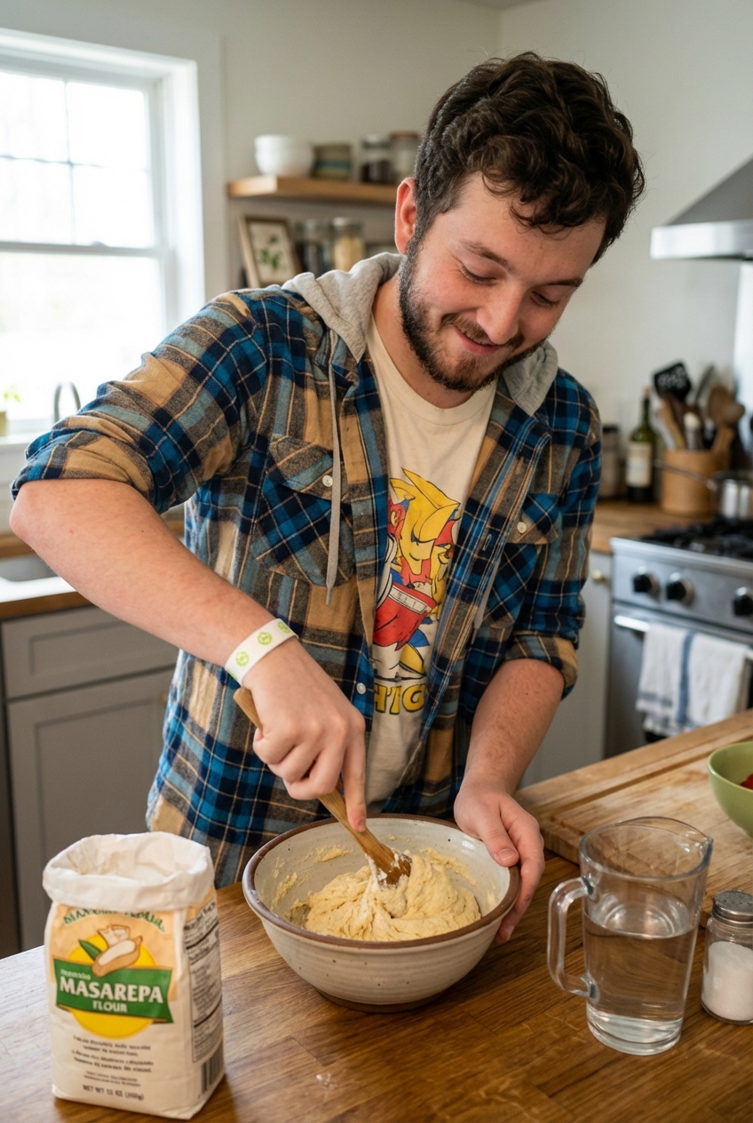 Mixing bowl with hydrated masarepa dough and a wooden spoon on a kitchen counter