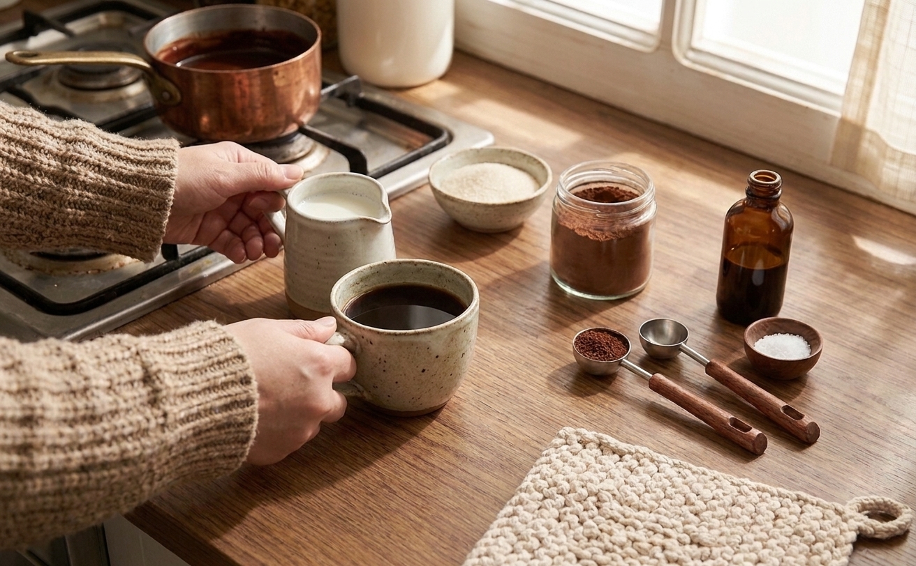 Mocha ingredients on a kitchen counter including cocoa powder, sugar, milk in a small pitcher, a cup of strong coffee, vanilla extract, and a pinch bowl of salt