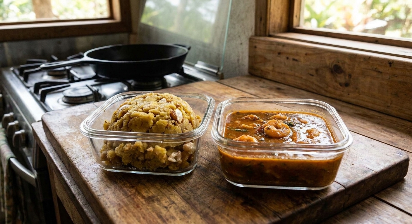 Mofongo and shrimp sauce stored separately in clear airtight containers on a kitchen counter, ready to refrigerate