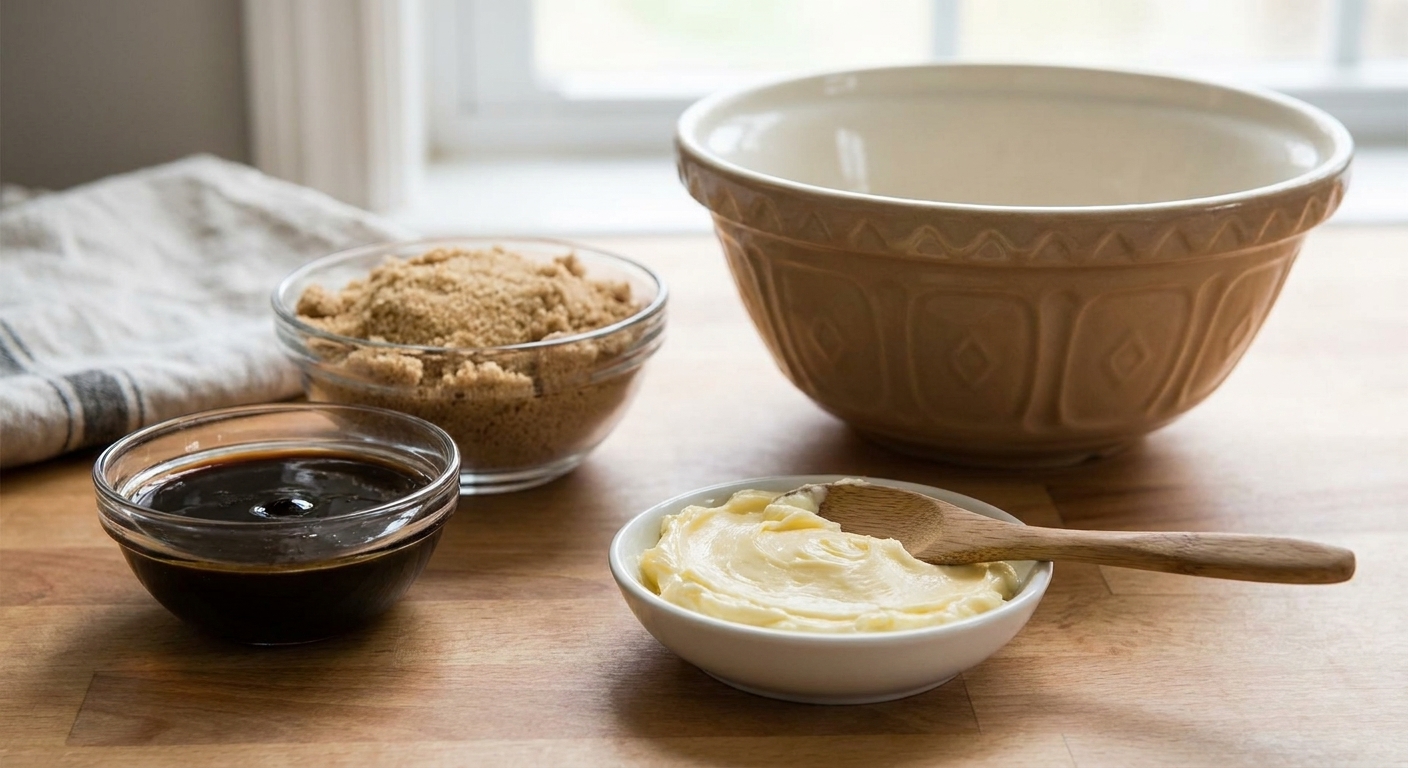 Molasses, brown sugar, and softened butter measured and ready beside a mixing bowl on a kitchen counter