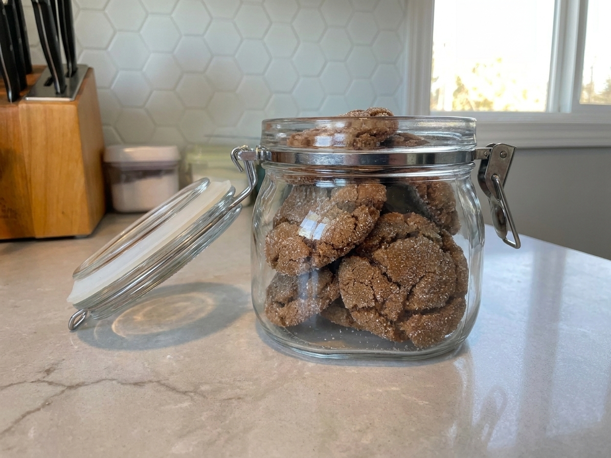 Molasses cookies stacked in an airtight container on a kitchen counter with a lid set beside it