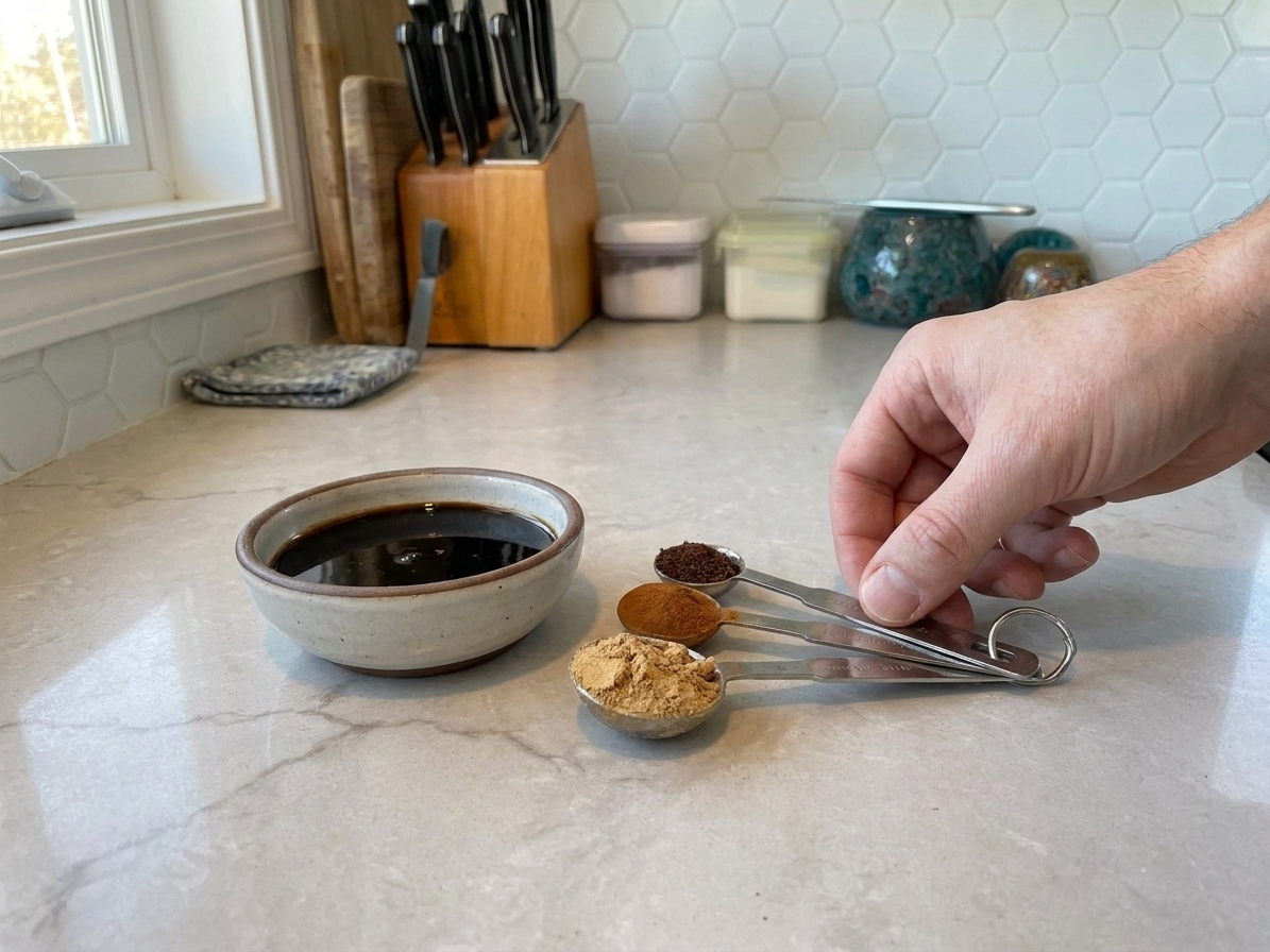 Molasses in a small bowl beside measuring spoons filled with ground ginger, cinnamon, and cloves on a kitchen counter