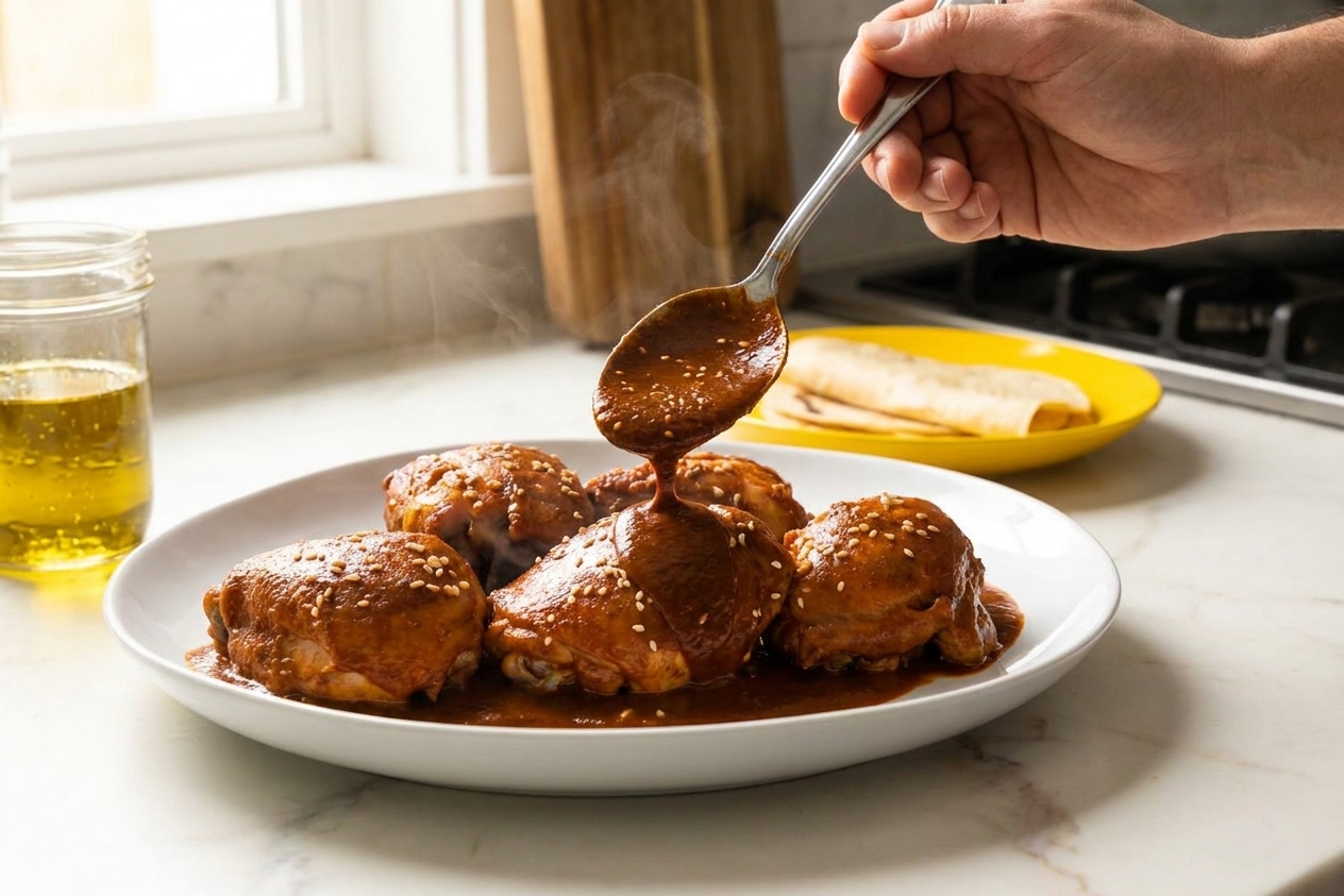 Mole sauce being spooned over roasted chicken on a plate on a home kitchen counter with warm, natural light