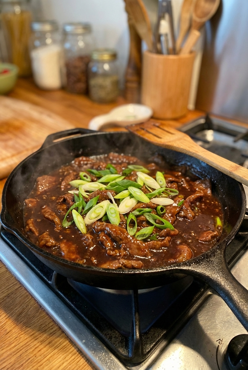 Mongolian beef simmering in a skillet with glossy sauce and sliced green onions