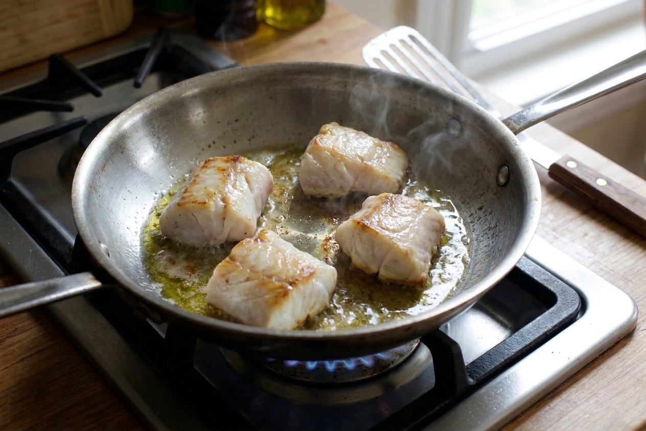 Monkfish pieces searing in a hot skillet with browned edges forming, a fish spatula resting nearby