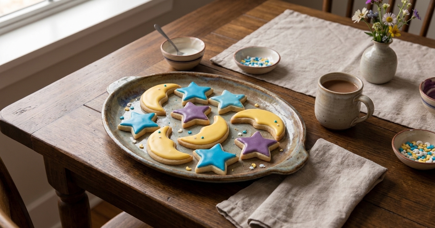 Moon and star decorated sugar cookies arranged on a ceramic platter on a dining table with a simple cozy table setting