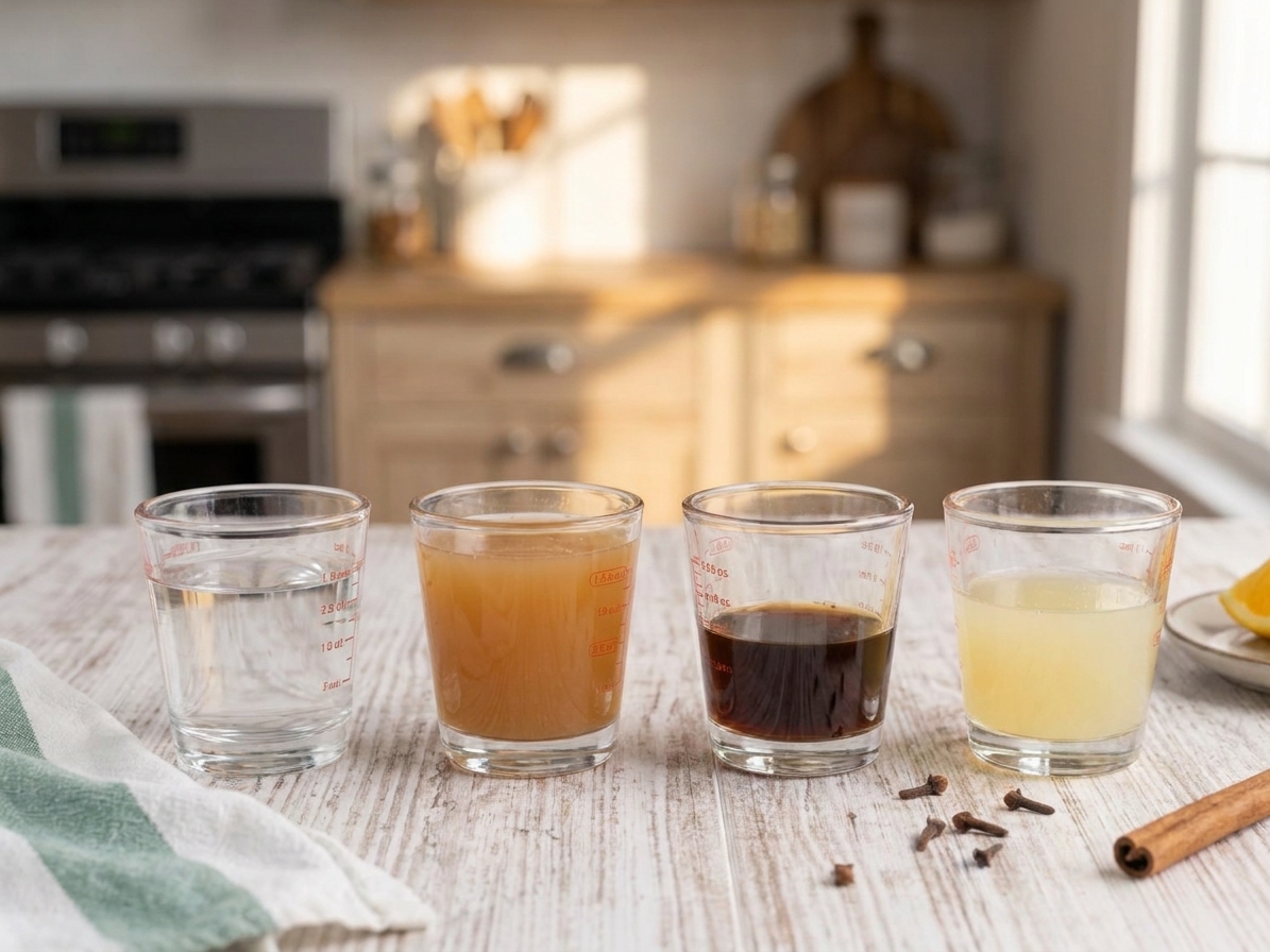 Moonshine, apple cider, vanilla extract, and lemon juice measured in small glass cups on a warm lit kitchen counter