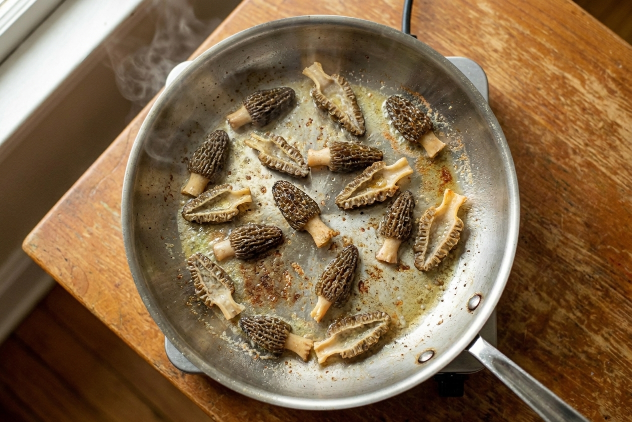Morel mushrooms browning in a stainless steel skillet with butter, showing golden edges and light steam rising