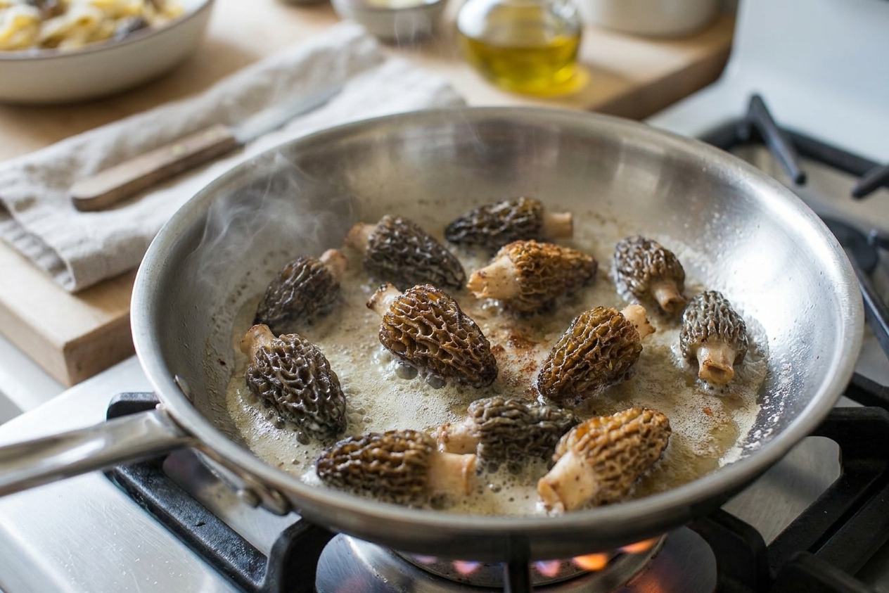 Morel mushrooms browning in butter in a stainless steel skillet on a stovetop with golden crisp edges forming