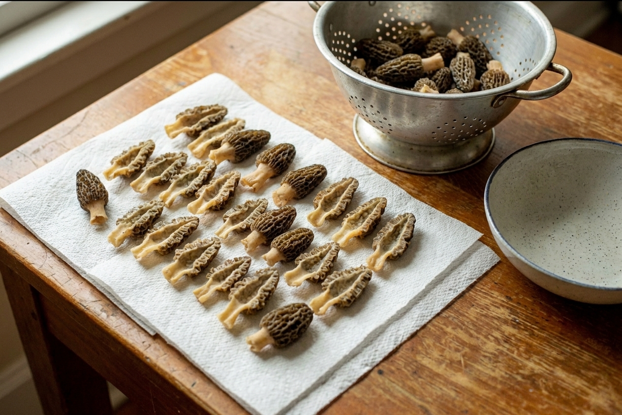 Morel mushrooms drying on paper towels on a kitchen counter, with a colander and bowl nearby