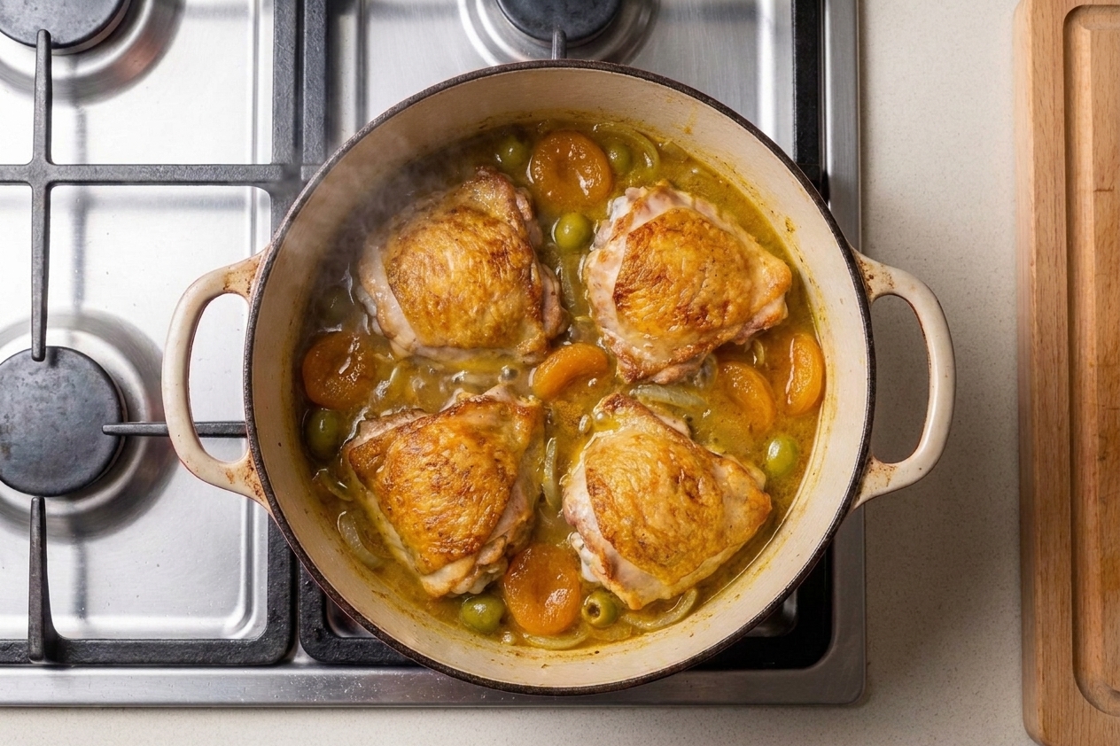 Moroccan-inspired chicken tagine simmering in a Dutch oven with apricots and olives in a rich, golden sauce