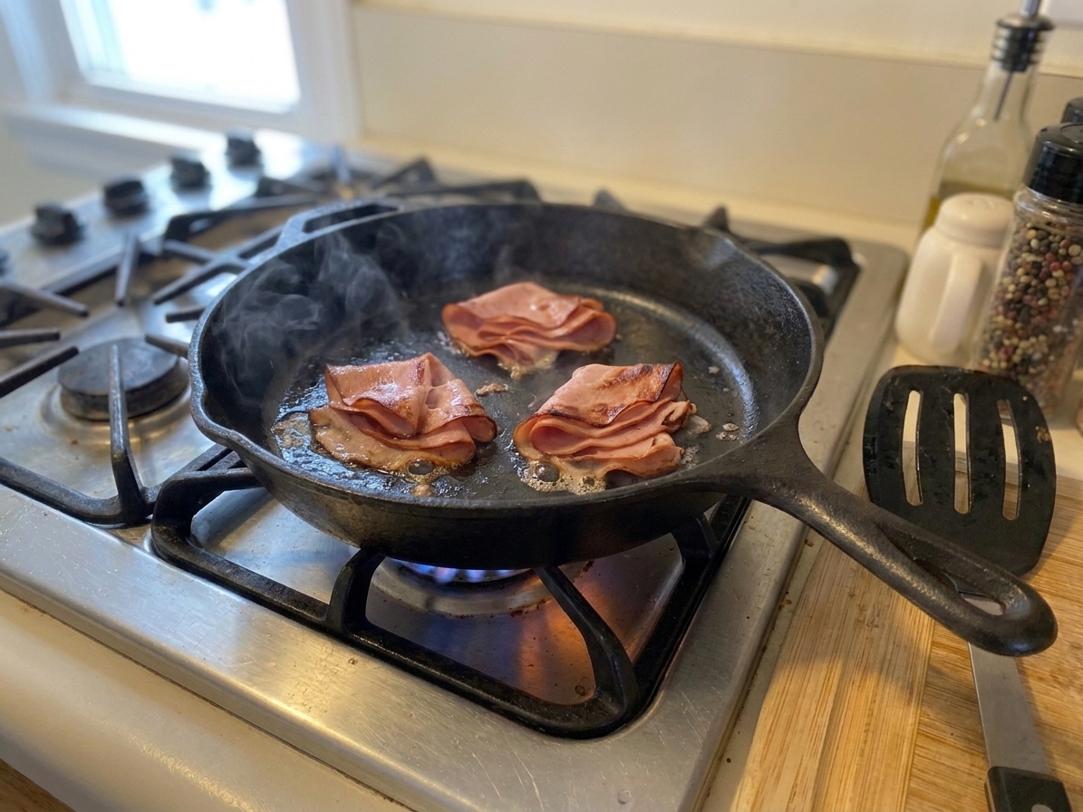 Mortadella arranged in three small piles sizzling in a skillet with crisping edges on a home stove