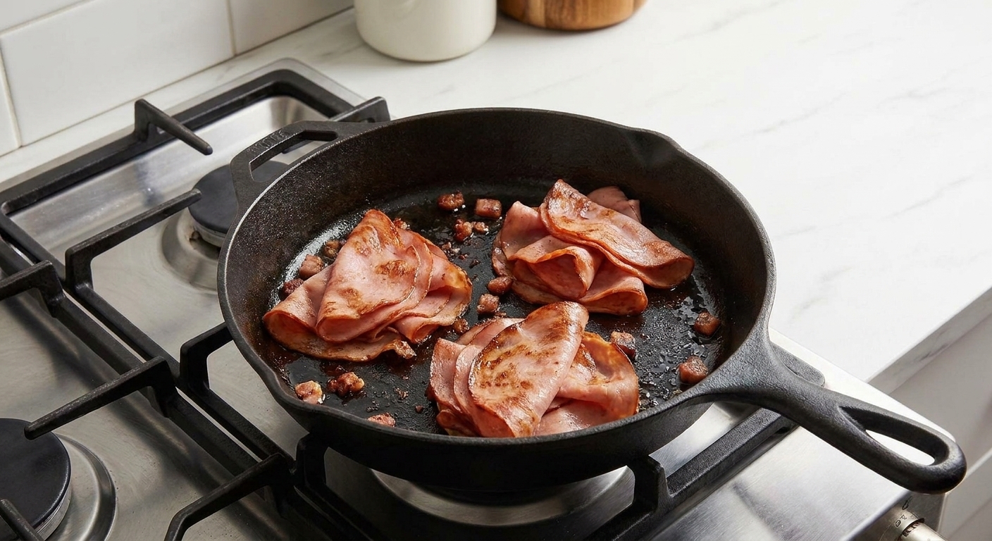 Mortadella piled into three small mounds crisping in a hot skillet with golden edges