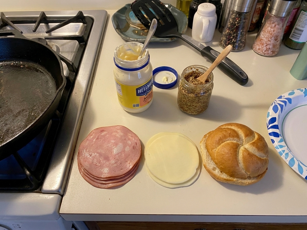 Mortadella, provolone, mayonnaise, mustard, and a split roll laid out on a clean kitchen counter, ready to cook