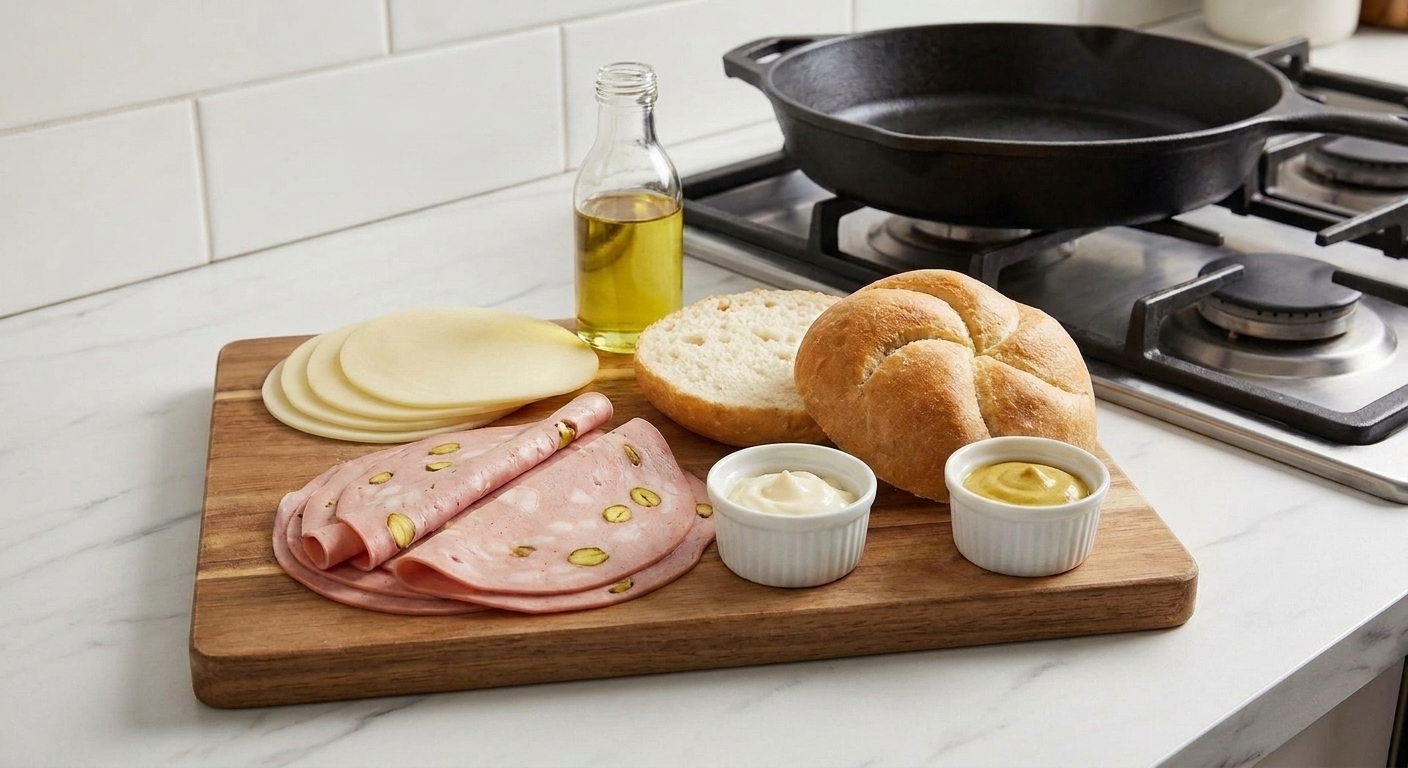 Mortadella slices, provolone, a kaiser roll, mayonnaise, mustard, and a small bottle of neutral oil arranged on a kitchen counter