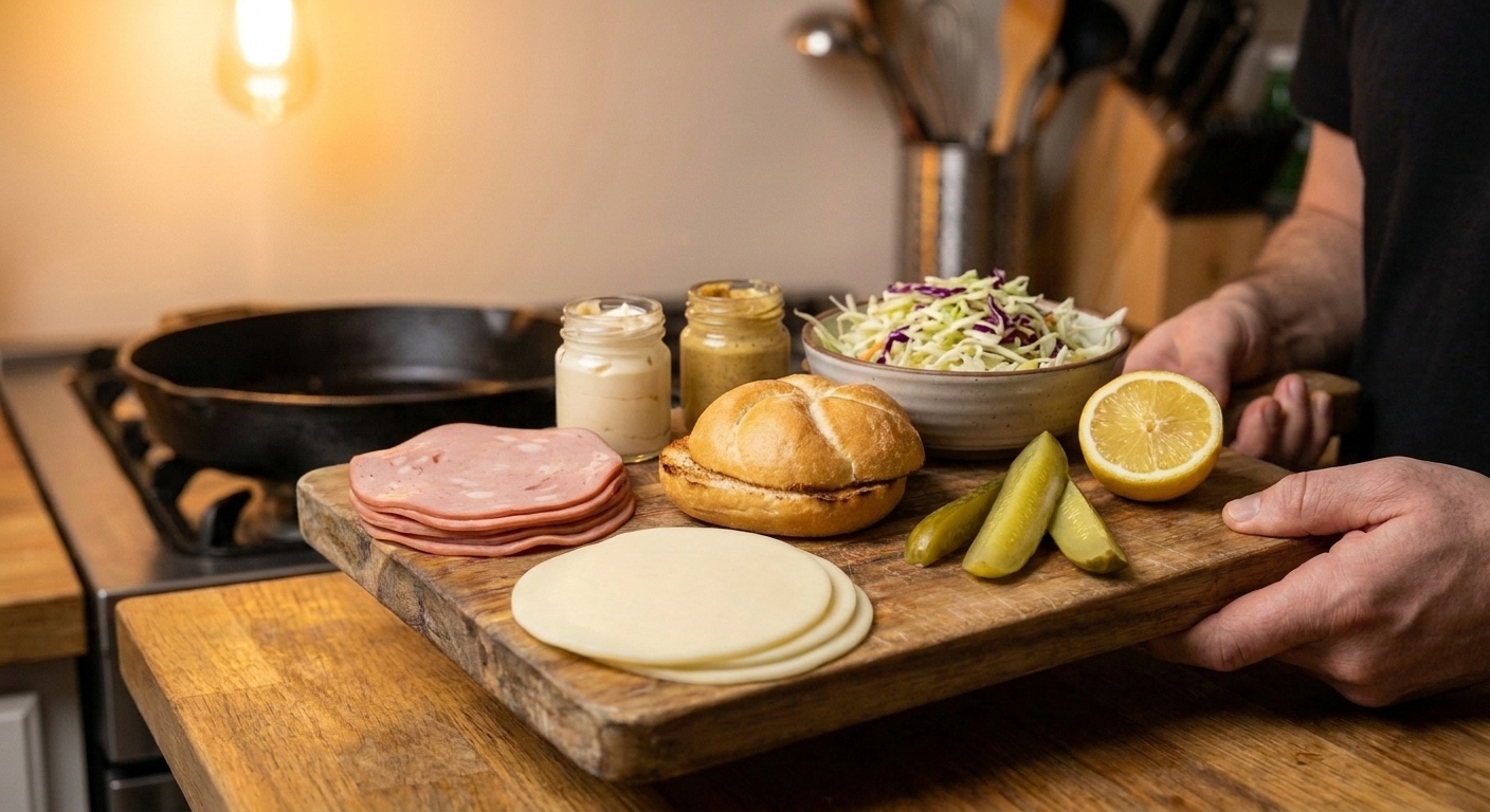 Mortadella slices, provolone, a kaiser roll, mayonnaise, mustard, shredded cabbage, pickles, and lemon on a bright kitchen counter with a cutting board