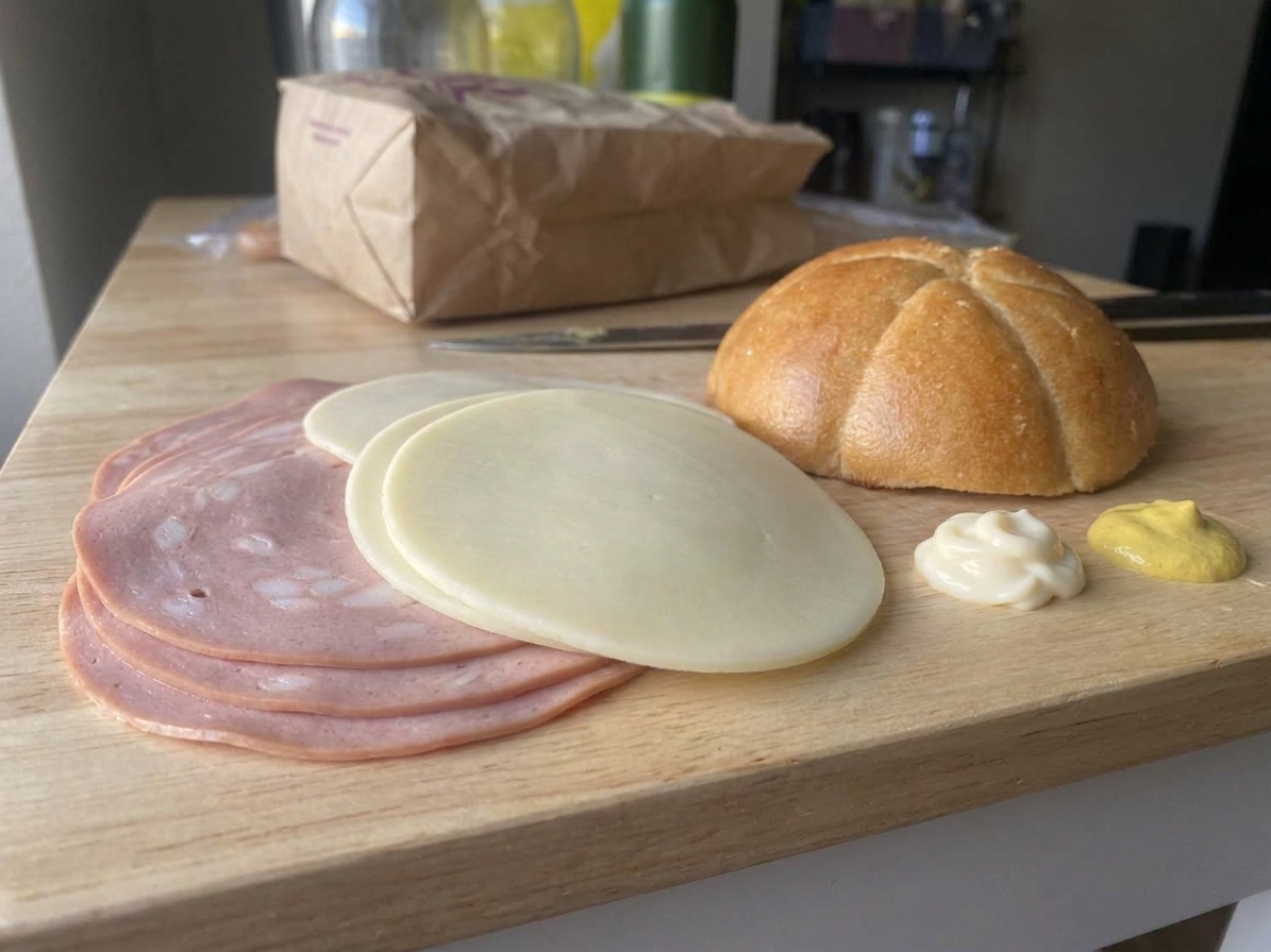 Mortadella slices, provolone cheese, a soft roll, mayonnaise, and mustard arranged on a light kitchen counter