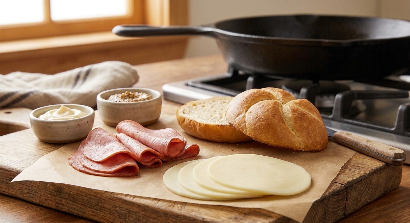 Mortadella slices, provolone cheese, a split kaiser roll, mayonnaise, and mustard arranged on a clean kitchen counter in bright natural light