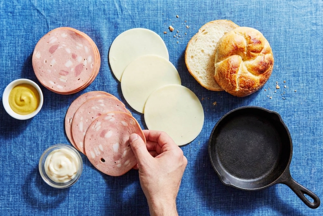 Mortadella slices, provolone, mustard, mayonnaise, and a Kaiser roll laid out on a clean kitchen counter with a small skillet nearby