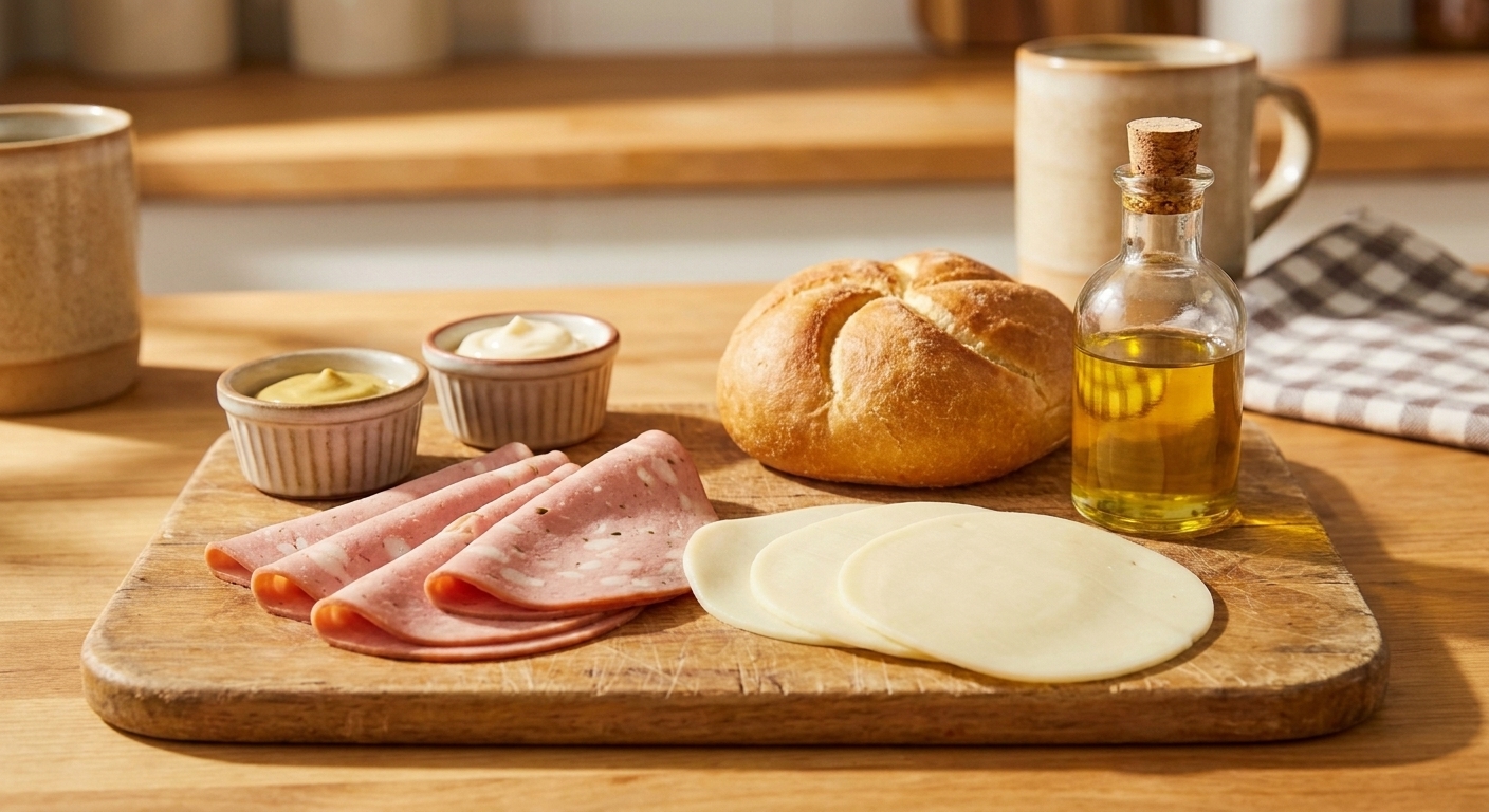 Mortadella slices, provolone slices, a kaiser roll, mustard, mayonnaise, and a small bottle of neutral oil arranged on a clean kitchen counter