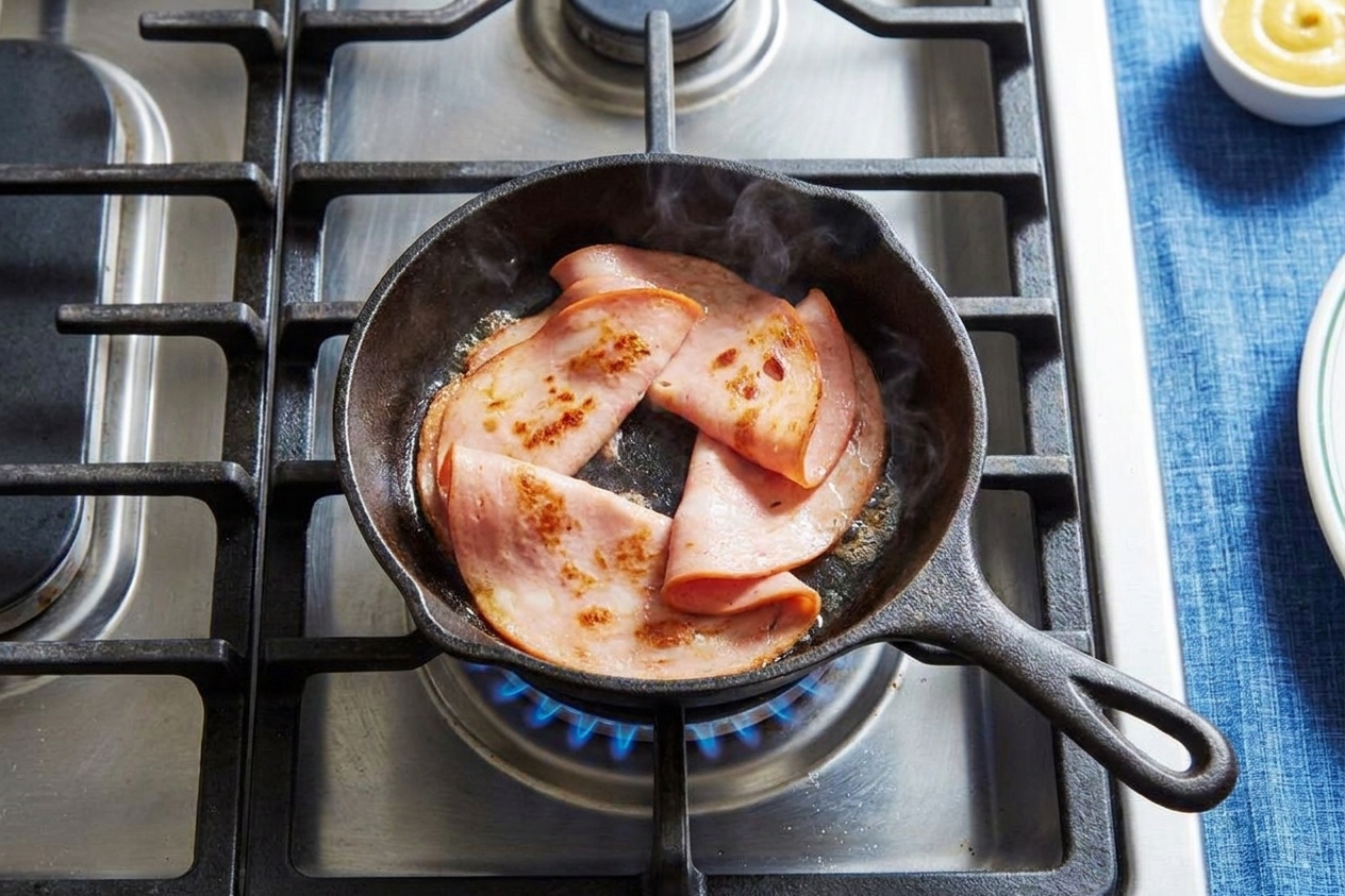 Mortadella slices reheating in a small skillet with edges sizzling and turning golden on a home stovetop