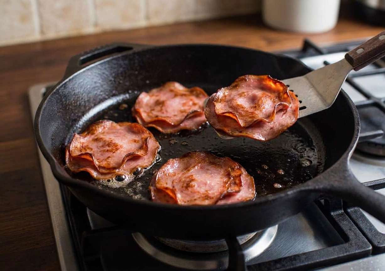 Mortadella slices stacked in three small piles crisping in a cast iron skillet on a stovetop, edges browned and curling