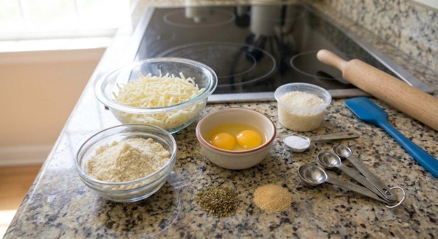 Mozzarella, almond flour, eggs, parmesan, baking powder, and seasonings arranged on a clean kitchen counter with measuring spoons