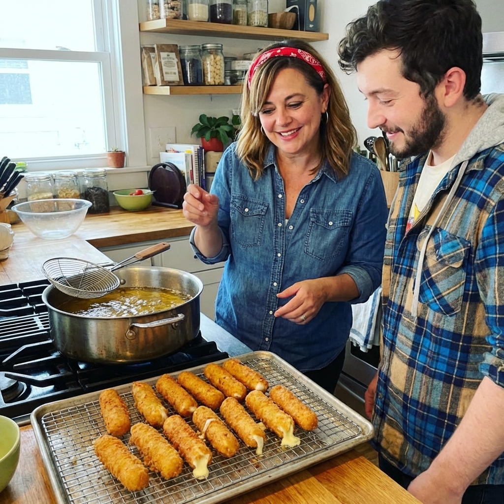 Mozzarella sticks draining on a wire rack after frying with a pot of oil in the background