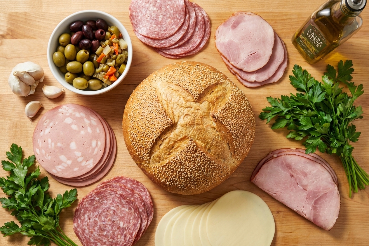 Muffaletta ingredients arranged on a kitchen counter including a round sesame loaf, sliced mortadella, salami, ham, provolone, olives, giardiniera, parsley, garlic, and olive oil