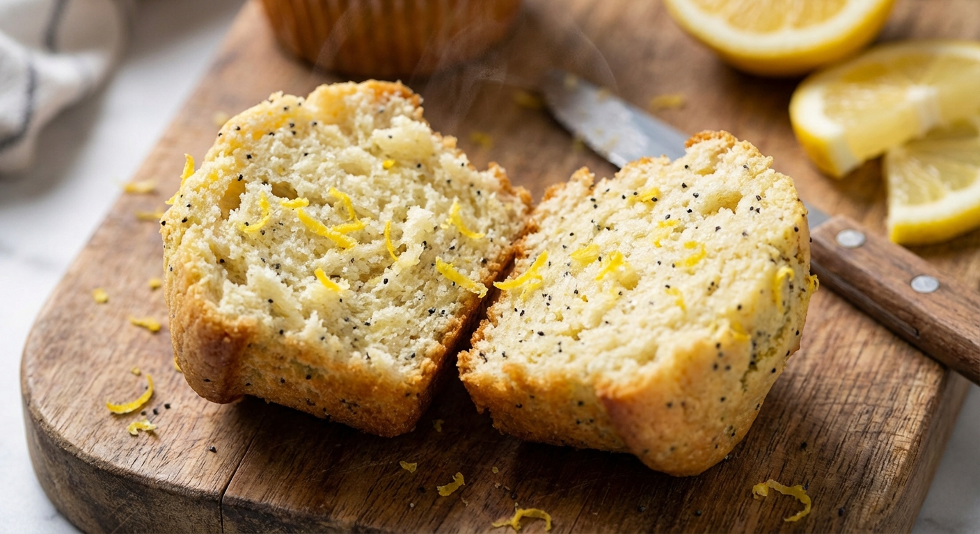 Muffin split open showing a fluffy, moist crumb with visible lemon zest