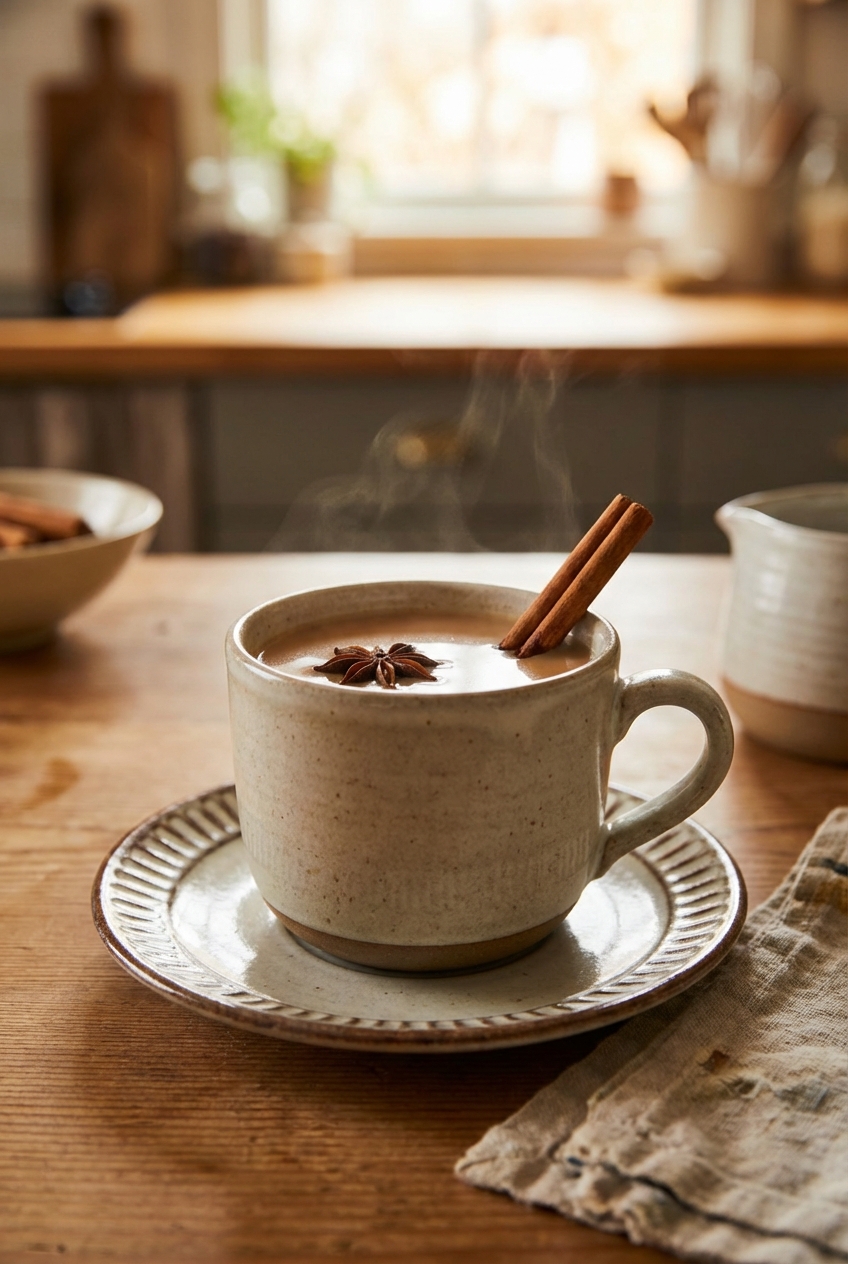 Mug of chai tea with cinnamon sticks on a small plate
