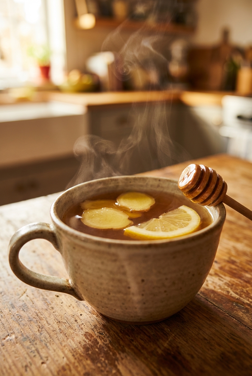 Mug of hot ginger lemon tea with steam