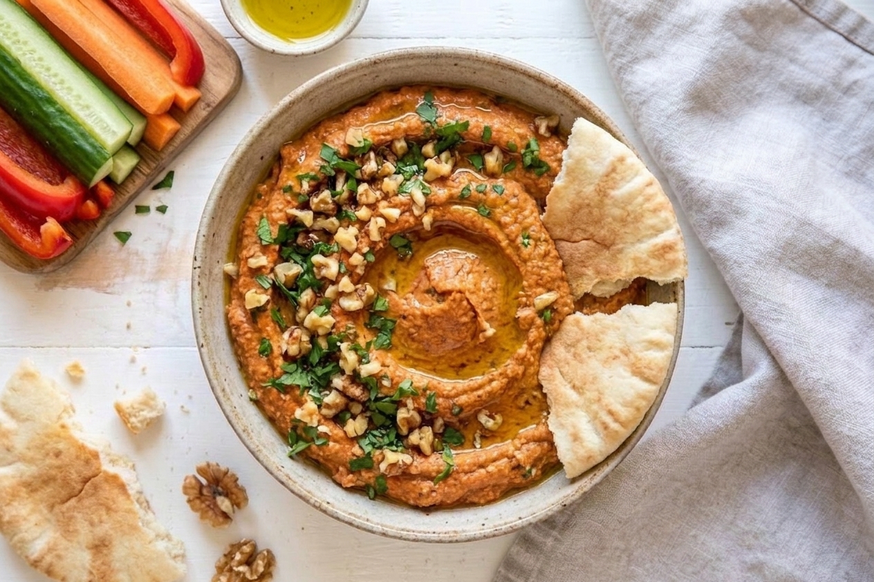 Muhammara served on a table with warm pita wedges and fresh vegetable sticks in a simple, cozy table setting