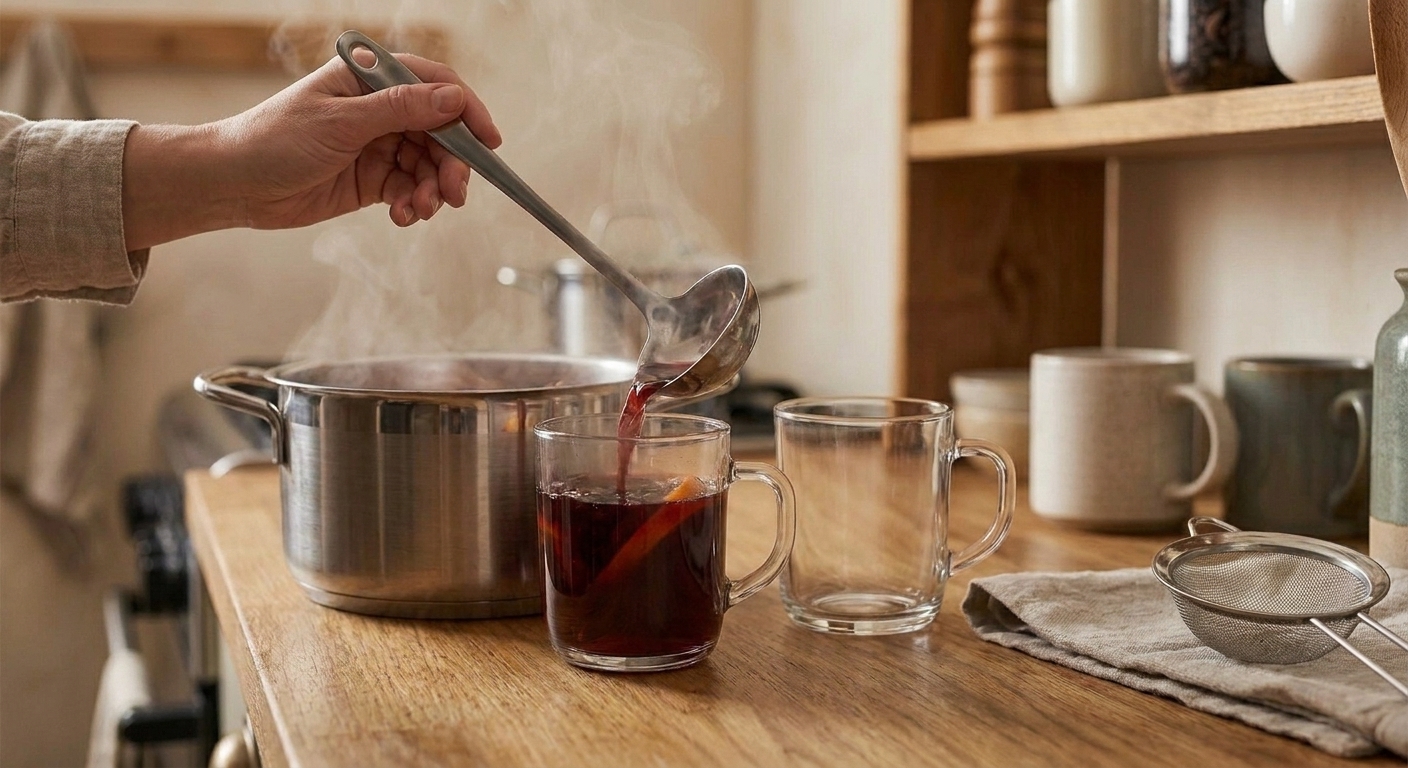 Mulled wine being ladled from a pot into clear glass mugs on a kitchen counter under warm lighting