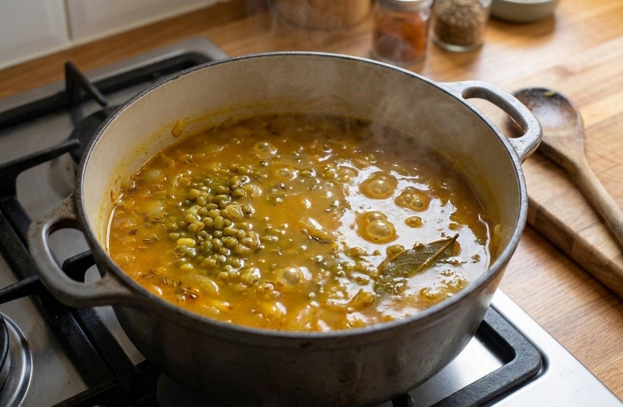 Mung beans simmering in a pot with golden broth and spices, small bubbles breaking at the surface