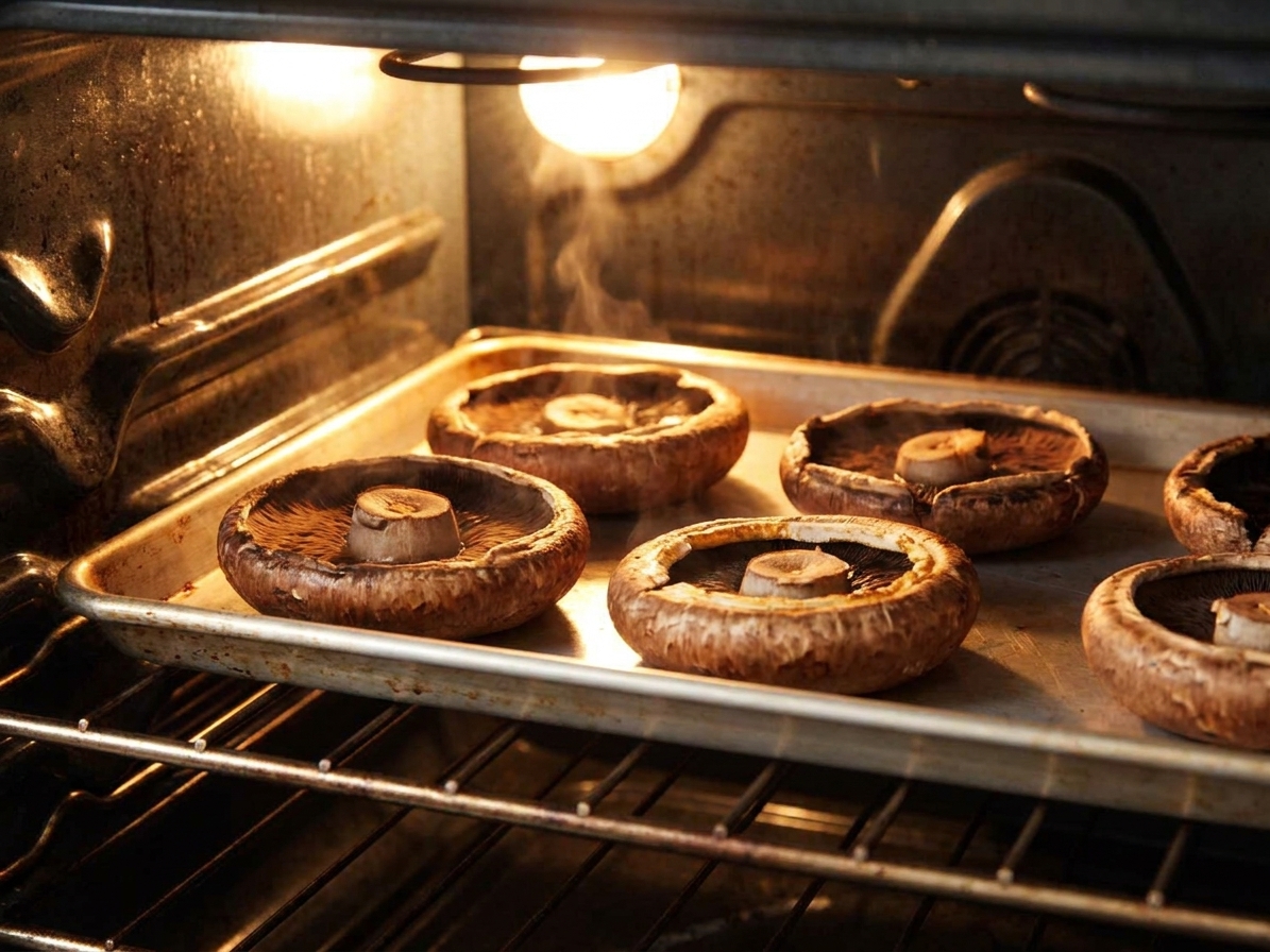 Mushroom caps roasting on a sheet pan in a home oven with warm light and golden edges forming